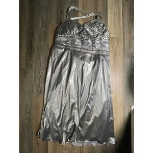 Jewel Halter Formal Gown Womens 36 Silver Good Ruched Beaded Satin Maxi Dress
